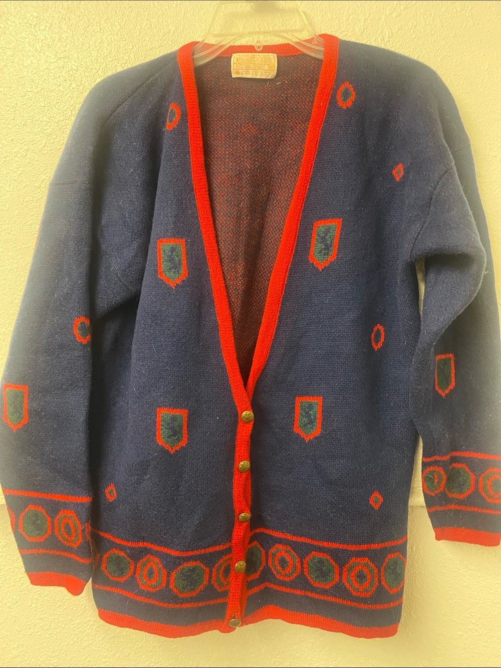 Pendleton - vintage 80s- Navy Cardigan with Red Trim and Shield Motifs